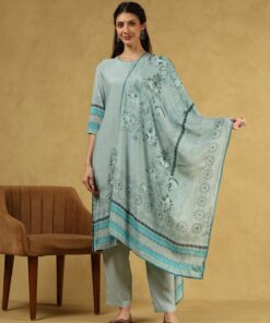 Pantalms Hand Embellished Muslin Zari Printed Women's 3 PC Long Kurta Set with Dupatta - Sea Green