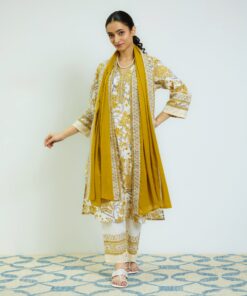Ochre Yellow Sanganeri Printed Cotton Kurta Set with Contrast Mul Cotton Dupatta