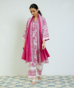 Rani Pink Sanganeri Printed Cotton Kurta Set with Contrast Mul Cotton Dupatta