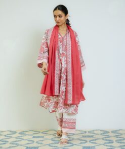 Peach Red Sanganeri Printed Cotton Kurta Set with Contrast Mul Cotton Dupatta