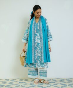 Ocean Blue Sanganeri Printed Cotton Kurta Set with Contrast Mul Cotton Dupatta
