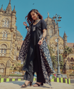 Black Flared Kurta Set with Scalloped Dupatta