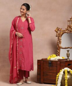Chanderi  Mukaish Solid Women's 4 PC Long Kurta Set - Pink