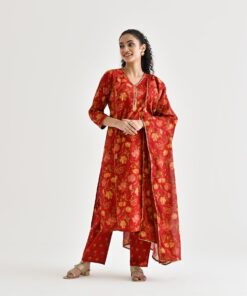Red Floral Printed Cotton Kurta Pant Dupatta Set with Sequin Embroidered Neckline