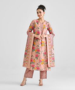 Peach Sanganeri Floral Printed Cotton Kurta Pant Set with Dupatta & Lace Detail