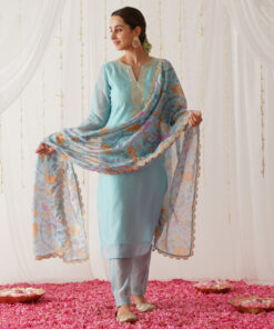 Light Blue Embroidered Chanderi Kurta Set with Dupatta
