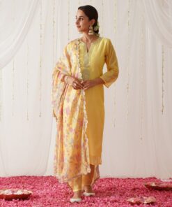 Yellow Embroidered Chanderi Kurta Pant Dupatta Set for Women with Gota Details