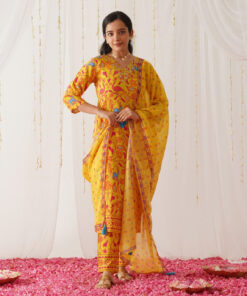Yellow Neck Embroidered Kurta Set with Dupatta