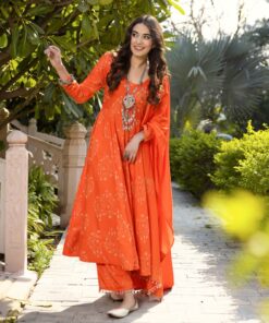 Orange Flared Kurta Dupatta Pant Set with Pompom Details