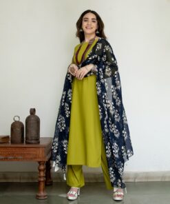 Olive Salwar Kurta Set for Women with Indigo Dupatta