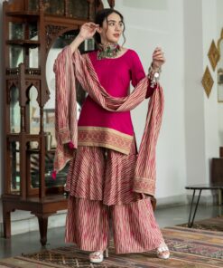 Magenta & Beige Kurta Ruffle Pant Set with Dupatta