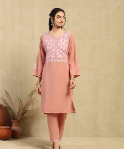 Pantalms Crafts Cotton Aari Embroidered Solid Women's 2 PC Long  Kurta Set - Pink