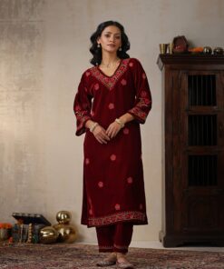 Velvet  Solid Women's 2 PC Long Kurta Set - Maroon