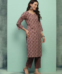 Cotton Printed Women's 2 PC Long Kurta Set - Maroon