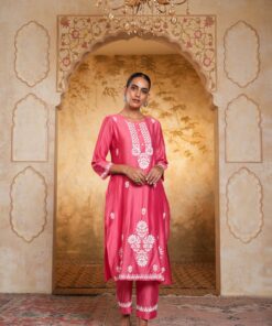 Chanderi  Solid Women's 2 PC Long Kurta Set - Red