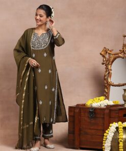Chanderi  Mukaish Solid Women's 4 PC Long Kurta Set - Olive Green