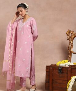 Chanderi  Mukaish Solid Women's 4 PC Long Kurta Set - Pink