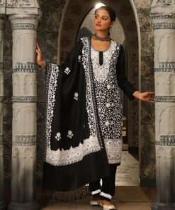 Pantalms Crafts Aari Woollen Straight Kurta Set with Dupatta-Black