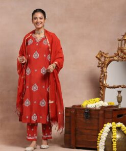 Chanderi  Zari Solid Women's 4 PC Long Kurta Set - Red