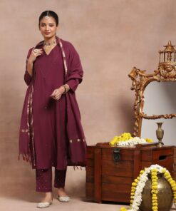Chanderi Kamdaani Embroidered Solid Women's 4 PC Long Kurta Set - Maroon