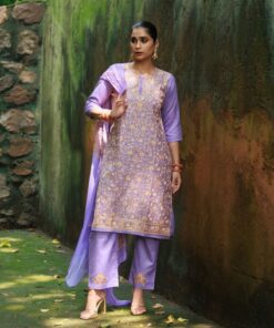 Pantalms Crafts Cotton Aari Embroidered Solid Women's 3 PC Long Kurta Set - Purple