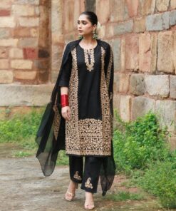 Pantalms Crafts Cotton Aari Embroidered Solid Women's 3 PC Long Kurta Set - Black