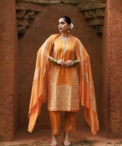 Pantalms Crafts Cotton Aari Embroidered Solid Women's 3 PC Long Kurta Set - Mustard