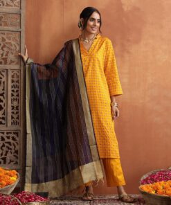 Pantalms Crafts Glazed Cotton Hand Block Printed with Hand Embroidery Women's 3 PC Long Kurta Set with dupatta- Mustard