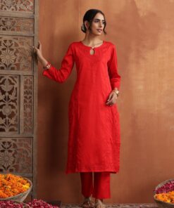 Jaam Silk  Solid Women's 2 PC Long Kurta Set - Red