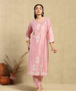 Chanderi  Solid Women's 2PC Long Kurta Set -Pink