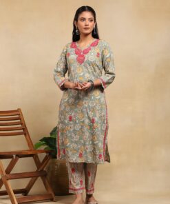Cotton  Printed Women's 2 PC Long Kurta Set - Grey