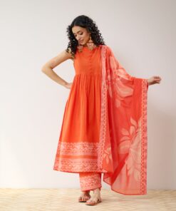 Daisy Cotton Kurta Set with Dupatta - Orange