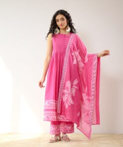 Daisy Cotton Kurta Set with Dupatta - Pink