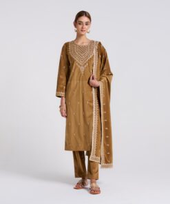 Brown Ochre Embroidered Gulzaar Velvet Set with Dupatta