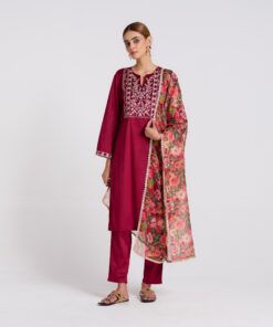 Maroon Embroidered Phulwari Velvet Set with Dupatta