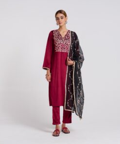 Maroon Embroidered Gulzaar Velvet Set with Dupatta