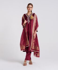 Maroon Varak Embroidered Velvet Set with Brocade Dupatta
