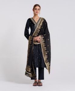Black Varak Embroidered Velvet Set with Brocade Dupatta