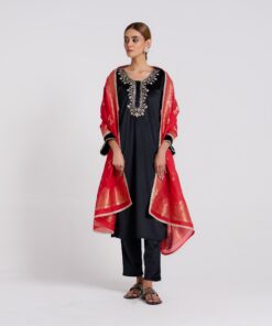 Black Embroidered Noor Velvet Set with Brocade Dupatta