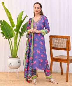Violet Lotus Printed Salwar Kurta Set with Dupatta & Neck Embroidery Detail