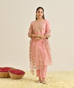 Pink Festive Embroidered Kurta Set with Embroidered Dupatta & Yoke Detail