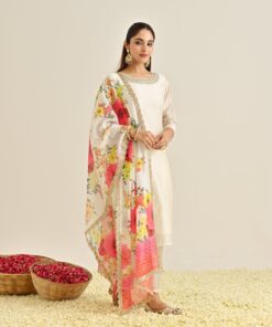Off White Festive Embroidered Kurta Set with Printed Dupatta & Round Yoke Detail