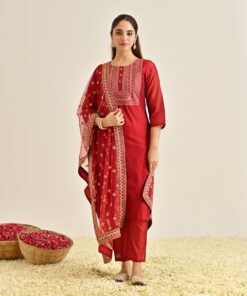 Red Festive Embroidered Kurta Set with Embroidered Dupatta