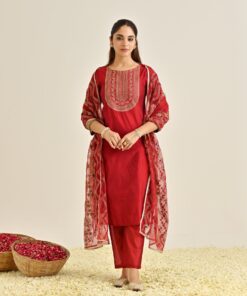 Red Festive Embroidered Kurta Set with Embroidered Dupatta & Yoke Detail