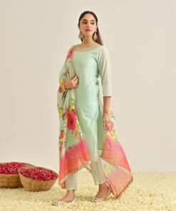 Mint Festive Embroidered Kurta Set with Printed Dupatta & Round Yoke Detail