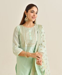 Mint Festive Embroidered Kurta Set with Embroidered Dupatta