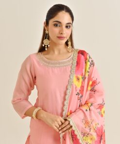 Pink Festive Embroidered Kurta Set with Printed Dupatta & Round Yoke Detail