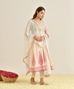 Off White Traditional Anarkali Set with Yoke Embroidery & Dupatta