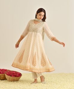 Off White Mustard Traditional Anarkali Set with Yoke Embroidery & Dupatta